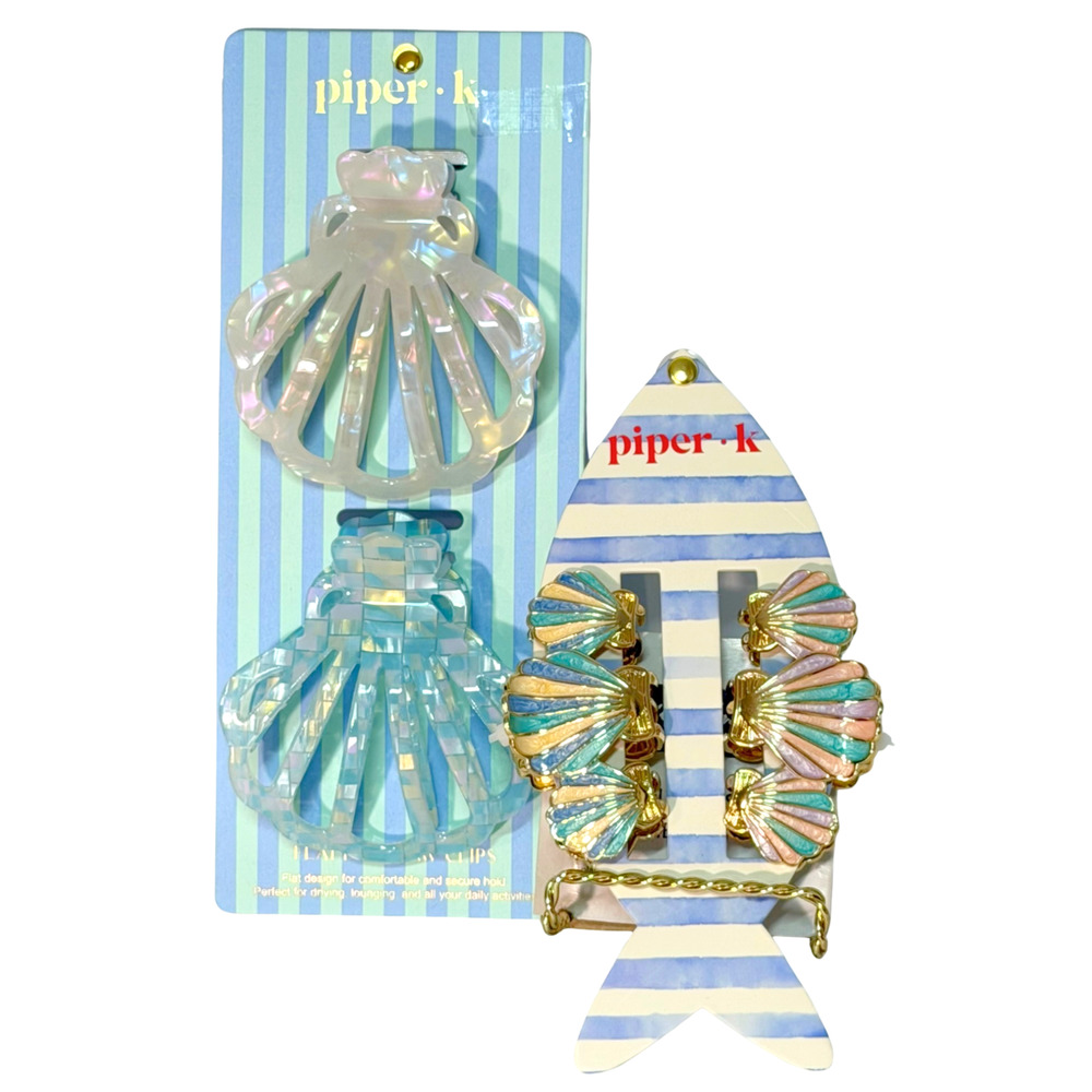 Piper K Shell Shaped Hair Claw Clips 2 Iridescent Clam & 2 Enamel Metal Beachy